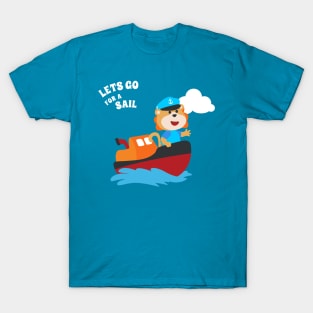 Cute lion the animal sailor on the boat with cartoon style. T-Shirt